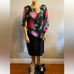 Joseph Ribkoff Signature NWT floral chfn sheath dress Sz 18 black base midi